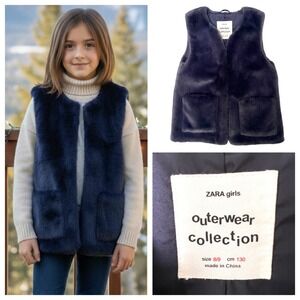 Zara Girls Navy Blue Faux Fur Vest Outerwear Collection Size 8/9 Cozy Kidscore